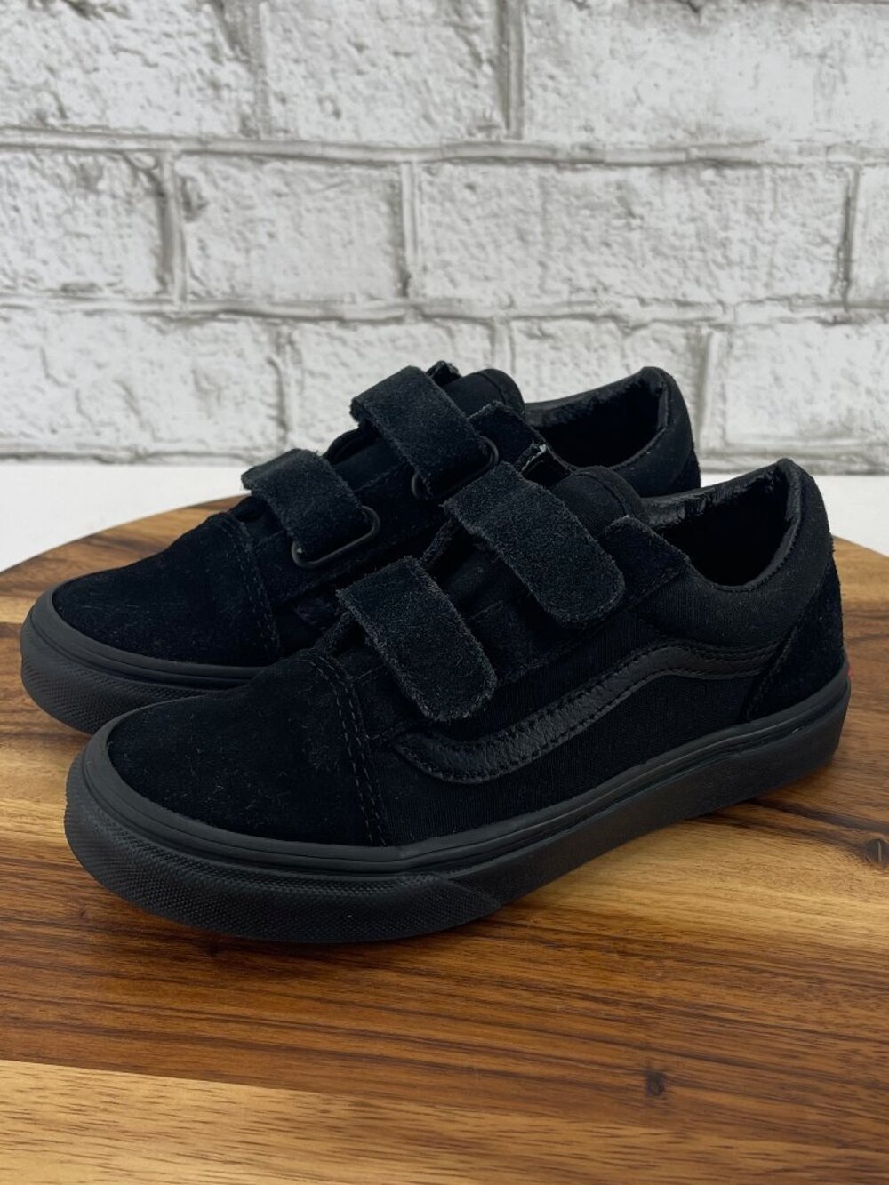 Vans Little Kids Old Skool V Blackout Suede Canvas Hook & Loop Shoes Sz. 2